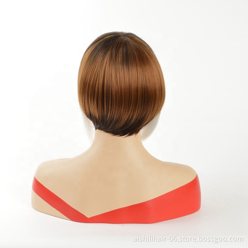 Wholesale Synthetic wigs short Silky straight blend color gold and brown and silver gray Wig for black women